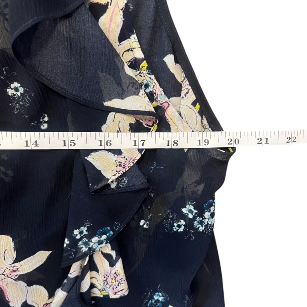 PAIGE Silk Ruffle Blouse Rich Navy Blue, Medium, Sketched Orchid Floral Top - Picture 11 of 13